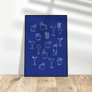 Coral Blue Cocktails Wall Art - Wooden Framed Funky Decor